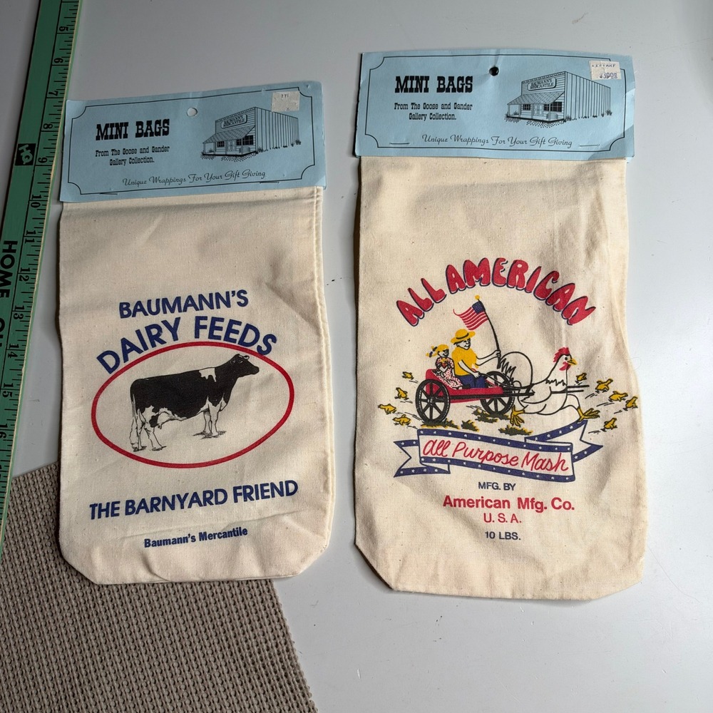 Vintage Style Mini Feed Sacks Cotton Muslin Gift Bags Farmhouse Decor Set of 2